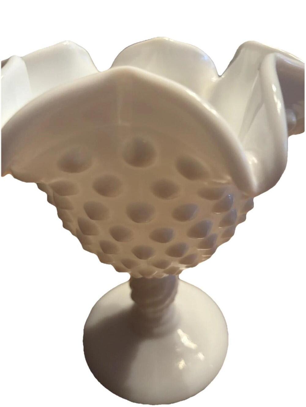 Vintage Fenton White Milk Glass Hobnail Ruffled Pedestal Compote Candy Dish 6”